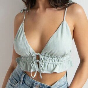 Garage Sage Green Peyton Tie Front Peplum Cami Crop Top Size XS NWT